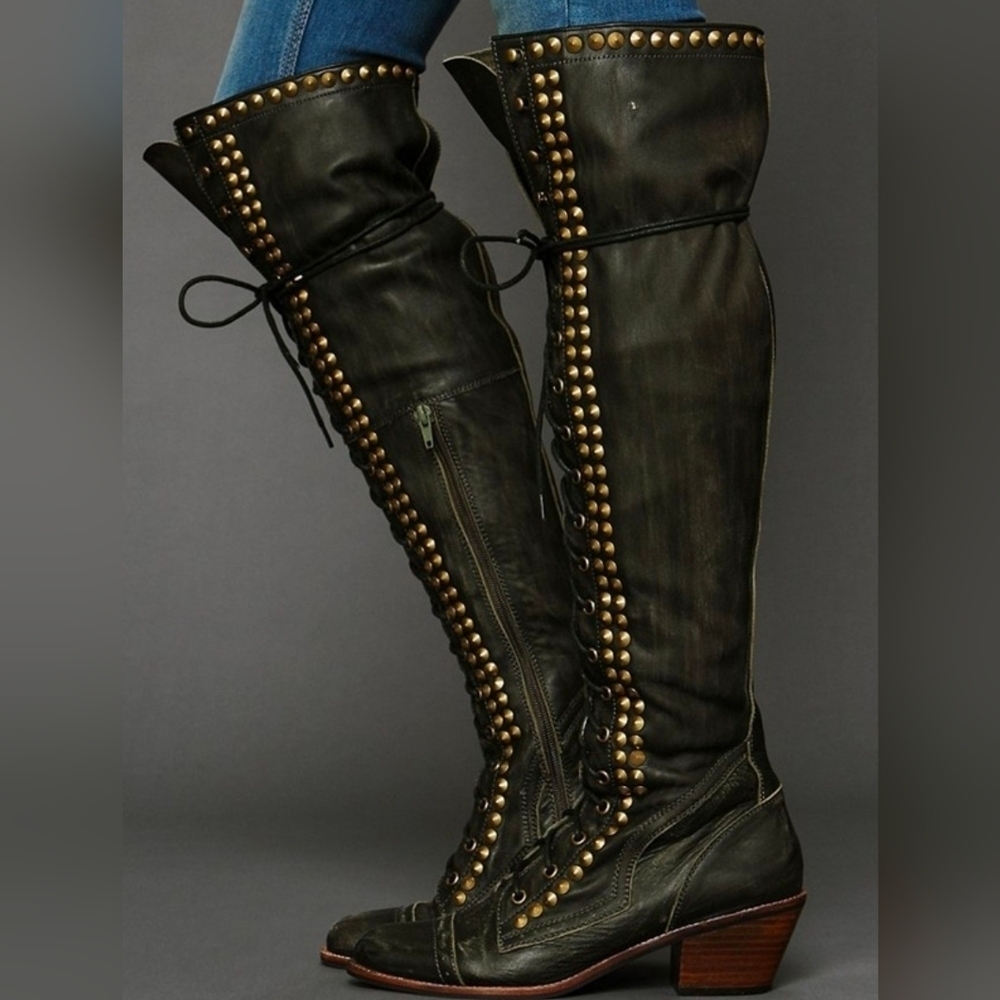 SOLD Jeffrey Campbell For Free People Studded Joe Tall Boots Lace Up Over Knee 9 - Picture 2 of 11